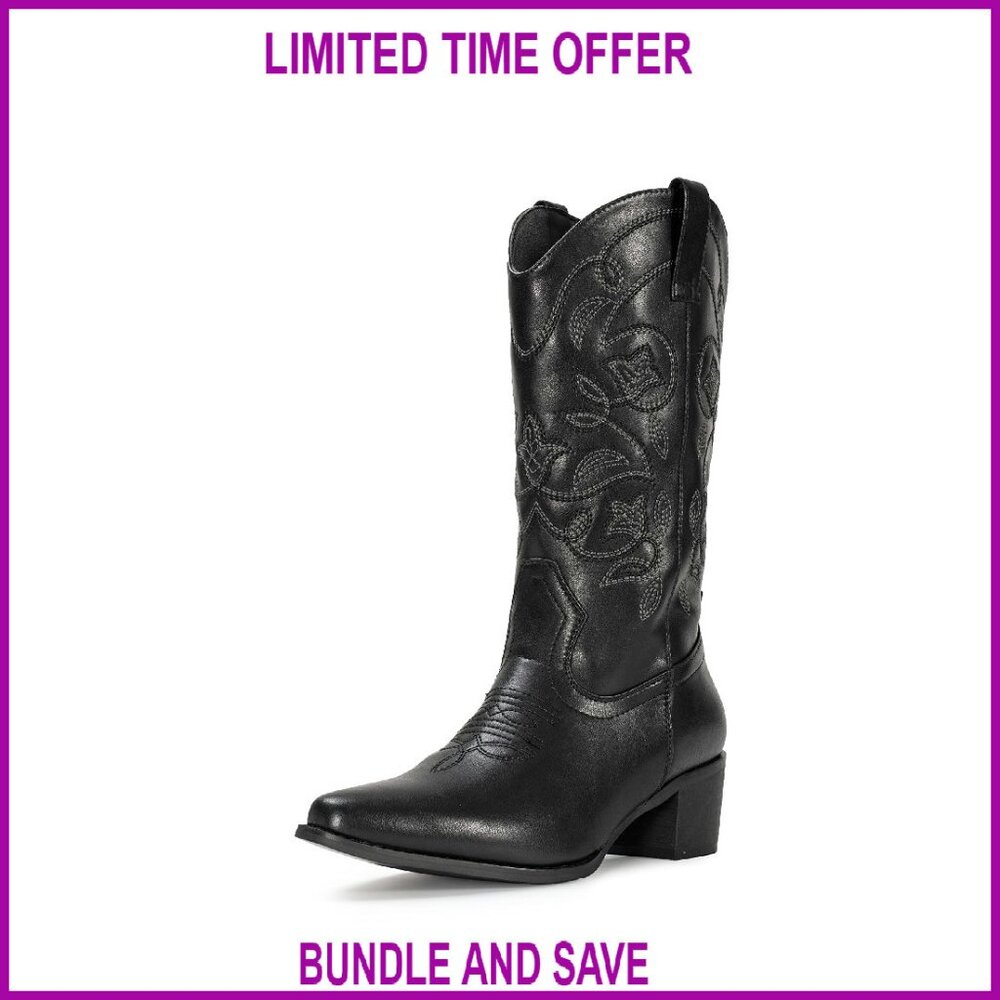Pointy Toe Western Cowgirl Boots Mid Calf Synthetic Leather Comfort Heel